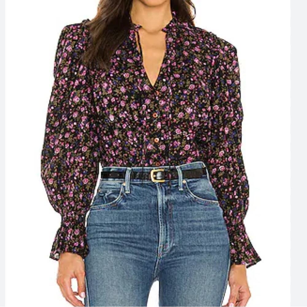 Free People Meant To Be Blouse Floral Puff Sleeve Top Black Purple Women’s S
